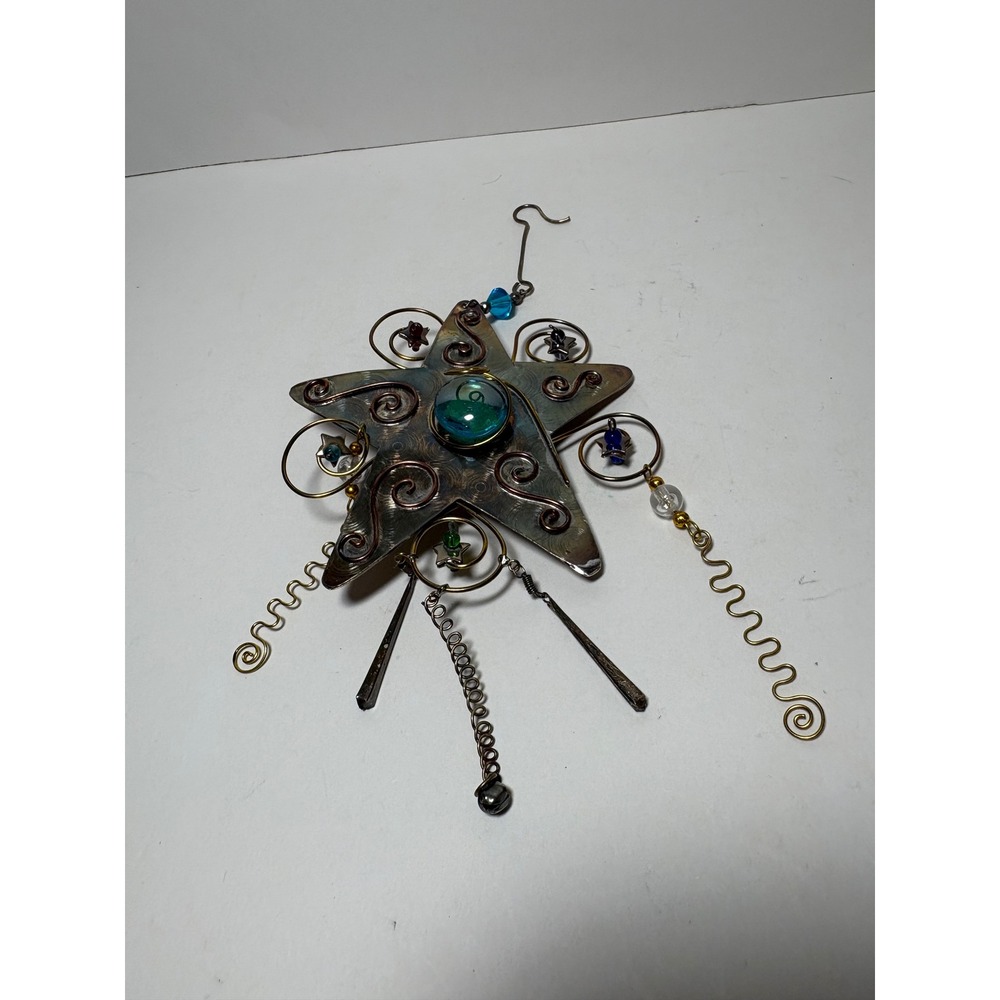 Handcrafted Mixed Metal Celestial Star Ornament with Glass Marble and Beads